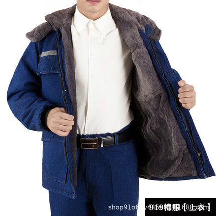 Winter Workwear Cotton Jacket for Men, Fleece-Lined, Thickened, Detachable, Cold-Proof, Cold Storage Cotton Coat, Welder Denim Labor Protection Cotton-Padded Jacket