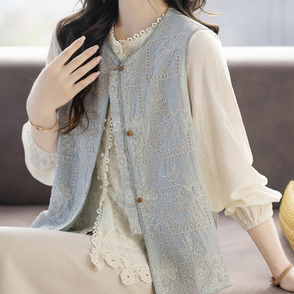Limited Price +12+ Short Video New Chinese Style Heavy Embroidery Three-Dimensional Stitching Side Slit Loose Round Neck Vest
