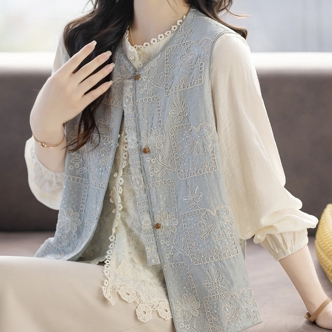 Limited Price +12+ Short Video New Chinese Style Heavy Embroidery Three-Dimensional Stitching Side Slit Loose Round Neck Vest