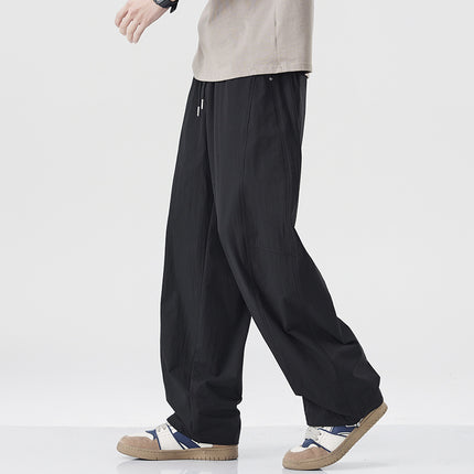 Danpaoni | summer thin casual pants men's American fashion retro loose straight pants elastic waist youth pants