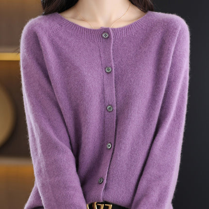 2024 Round-Neck Autumn and Winter Women's Cardigan Sweater Coat 100% Wool Loose Outerwear Versatile Knit Wool