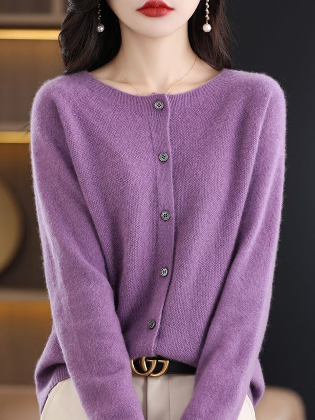 2024 Round-Neck Autumn and Winter Women's Cardigan Sweater Coat 100% Wool Loose Outerwear Versatile Knit Wool