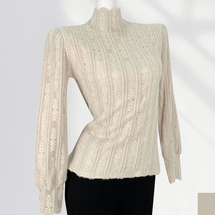 Women's full-body fleece-lined high collar brushed lace bottoming shirt autumn and winter long sleeve lace mesh top
