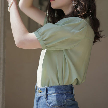 Meliiy 2025 New Retro Doll Collar Puff Sleeve Light Green Top Women's Summer Thin Short-Sleeved Shirt