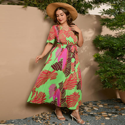2025 Cross-border New French Elegant Elegant plus size dress Line-drawing Floral V-neck Short-sleeved Waisted Long Dress