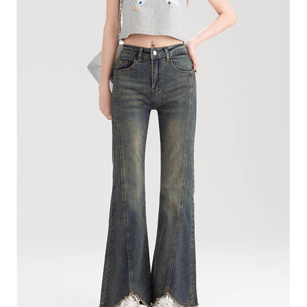 Rust Design Sense Micro-flare Jeans Women's 2025 Spring New High Waist Elastic Slim-fit Horseshoe Pants