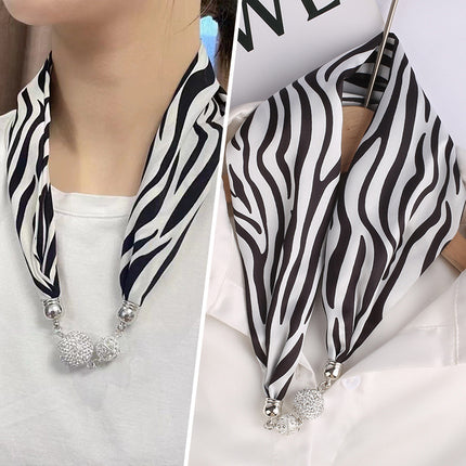 2026 New Magnetic Buckle Small Silk Scarf with Geometric Patterns and Rhinestones, Magnetic Necklace Scarf, Women's Hairband Scarf