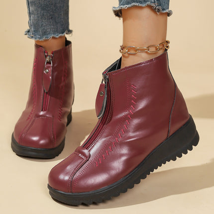 Cross-Border Export Large Size Snow Boots for Middle-Aged and Elderly Soft Leather Boots with Zipper and Velvet Thick Sole Warm Wedge Short Boots Mom Boots