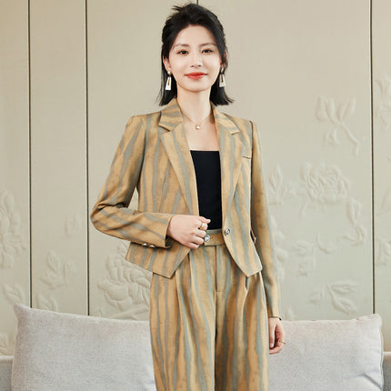 Khaki Suit Women's 2024 Autumn and Winter Fashion Green Business Wear European and American Casual Wide Long Two-Piece Suit