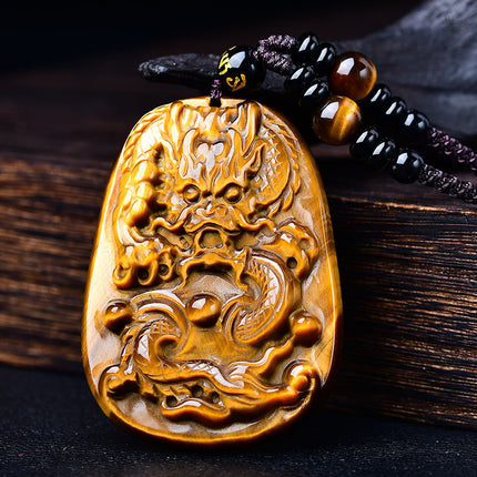 Live Supply of Natural Tiger Eye Stone Pendant Dragon Brand Pendant Finely Carved Men's Pendant Dragon Brand Rope Style Animal Year
