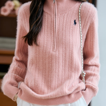Autumn and Winter New Women's 100% Pure Wool Sweater Thickened Half-Zip Collar Cable Embroidered Horse Knit Sweater Base Layer