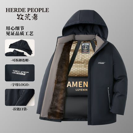 Winter Thickeneded Velvet Warm Cotton Coat Black Gold Lining Removable Hooded Business Men and Women Simple Cotton Coat