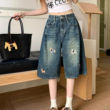 American Retro Dog Embroidery Jeans for Women, Summer New High-Waisted Wide-Leg Straight Pants