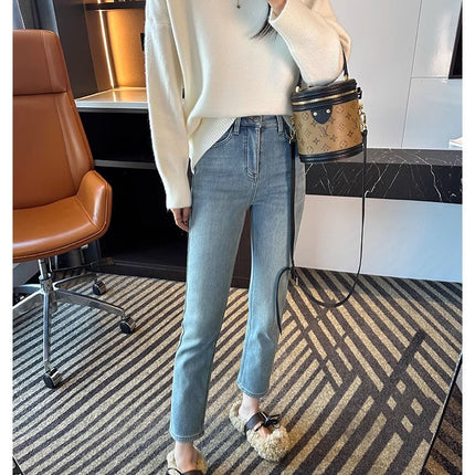 Embroidered Smiley Face Light-Colored Straight-Leg Jeans for Women, 2025 Spring New Popular High-Waisted Slim-Fit Cropped Cigarette Pants