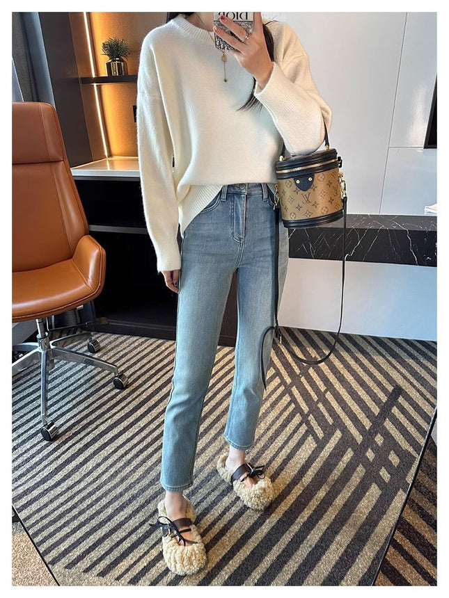 Embroidered Smiley Face Light-Colored Straight-Leg Jeans for Women, 2025 Spring New Popular High-Waisted Slim-Fit Cropped Cigarette Pants
