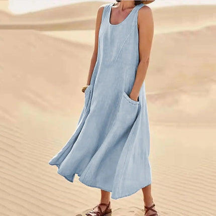 New Product in Stock Wish Aliexpress Amazon Independent Station Sleeveless Plus Flap Pocket Pants Pure Color Cotton and Linen Midi Dress