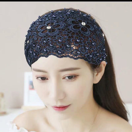 Cross-border Beaded Hair Band Women's Hollow Breathable White Hair Covering Lace Wide-brimmed Headgear Pressing Hair Tape Headband Hair Protecting