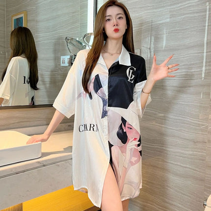 Summer New Style Fashionable Pure Lust Sexy Ice Silk Shirt Pajamas Loose High-End Home Wear Suit for Women
