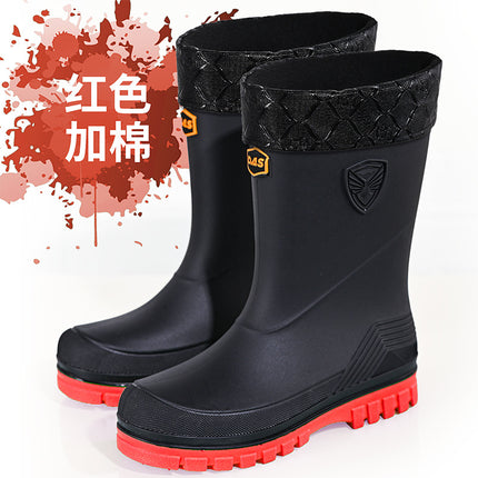2026 New Cross-Border Korean and Japanese Waterproof Rubber Shoes, Fashionable Water Shoes, Outdoor Non-Slip Mid-Calf Fleece-Lined Men's Rain Boots