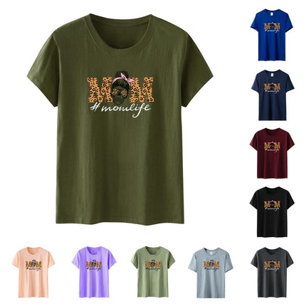 Amazon momlife Skull Leopard Print Sunglasses Mother's Day Gift Letter Print Casual Short Sleeve T-Shirt Women
