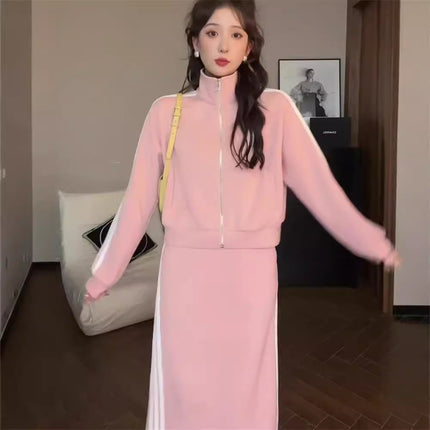 Real Shot 2025 Spring and Autumn Baseball Suit Coat Women's Ribbon Contrast Color Zipper Coat Women's Medium-length Dress Slim-fit Fashion Women
