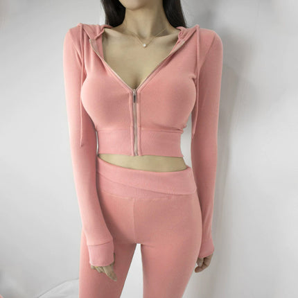 South Korea Dongdaemun slim-fit sexy figure-flattering sports suit women's hooded zipper short coat + flared pants