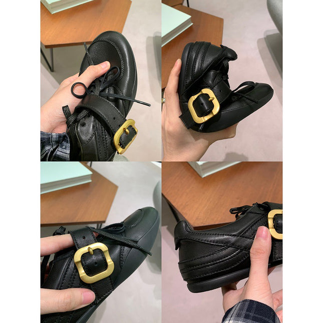 Vintage Double Strap Leather Buckle Sheepskin Round-Toe Versatile Casual German Training Shoes for Women Small Leather Shoes