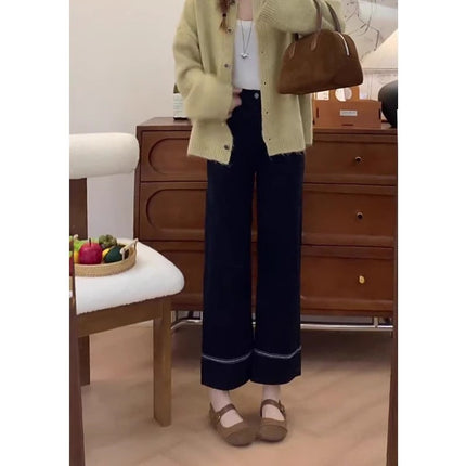 Stretch Black Straight Leg Jeans Women's Fashion All-match New Arrival plus size Loose Slimming Cropped Long Pants with Wide Legs
