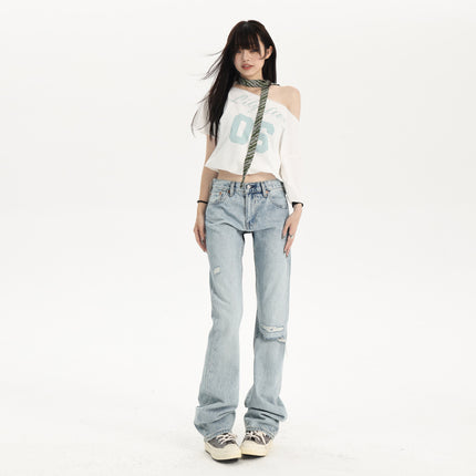 American Low-Waist Hot Girl Ripped Jeans for Women 2025 Summer New Slim Fit Straight Floor-Length Trousers