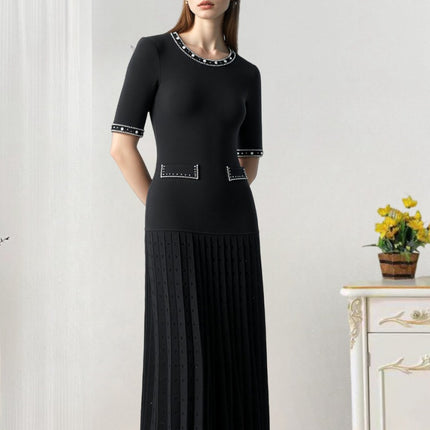 European and American Women's Fashion Summer New Elegant Long Dress French Style Socialite Heavy-Duty Pearl Embellished Mid-Length Short-Sleeve Knit Dress