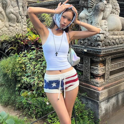Street Style Sexy Low-Waist Star Stripesd Contrasting Woolen Shorts Sexy Lace-Up Slim Fit Versatile Retro Style Hot Pants