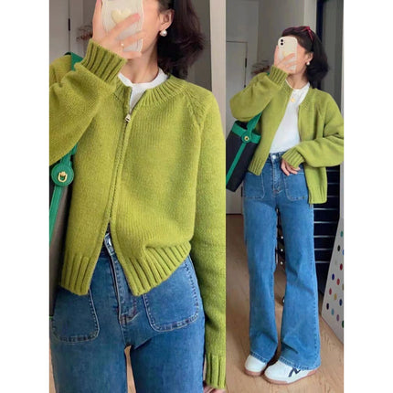 Korean Style Double Zipper avocado green Knitted Cardigan Outer Wear Slimming All-match Short Sweater Women's Elegant Meat-covered Jacket