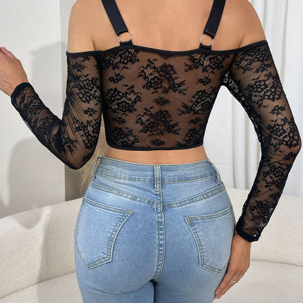 Cross-border Foreign Trade New Sexy Lace Perspective Long Sleeve Pure Desire Style Spice Girls Deep V Slim-fit Slimming Fish Bone Sling Clothes