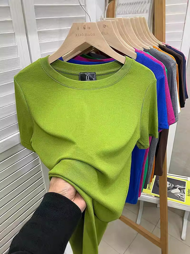 European New plus size Solid Color Loose Elastic Thread Short-sleeved T-shirt Women's Base Shirt Top Fashionable Green Shirt
