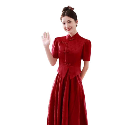 Chinese Style Toasting Dress New Style Bride's Vertical Collar Long Sleeve Slimming Back Door Dress Red Engagement Dress Women's Cheongsam Xiuhe Dress