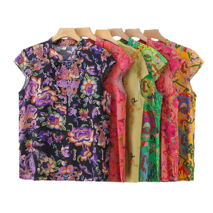 Chinese-Style Button Cotton Silk T-Shirt for Women, Summer Thin Large-Size Rayon V-Neck Pullover Printed Top, National Trend