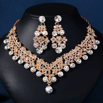 European and American Bride Jewelry Three-piece Suit High-class Dance Wedding Jewelry Alloy Diamond Crown Necklace Earrings suit