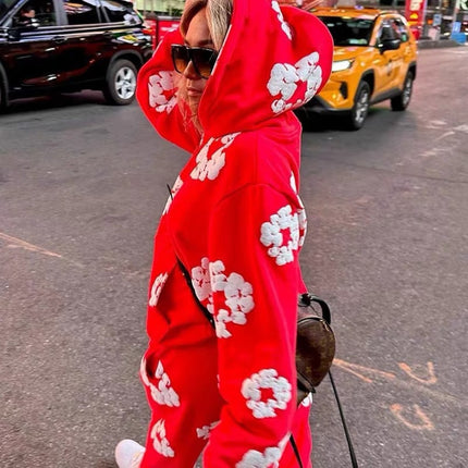 Cross-border Flower Printed Trendy Brand Same Style Hooded Sweater European and American Loose Hoodie Men's and Women's Sweater suit Men's Trendy Brand
