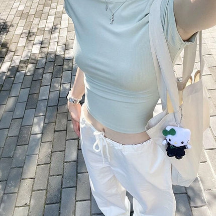 Mint Green Right Shoulder Short-Sleeved T-Shirt for Women Summer 2025 New Slim Waist Slimming Look Short Niche Chic Top