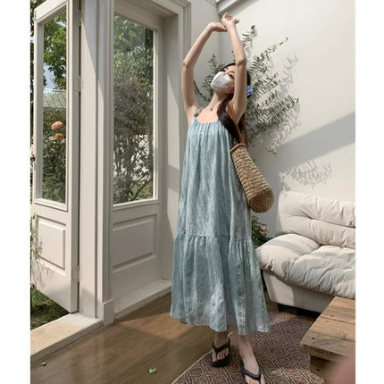 Mint Green Fresh Sling dress Women's Summer 2025 New Loose Slimming Vacation Style Seaside Midi Dress