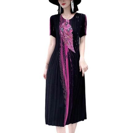 Miyake pleated 2025 summer new temperament round neck printed pleated skirt fashion waist thin magic dress