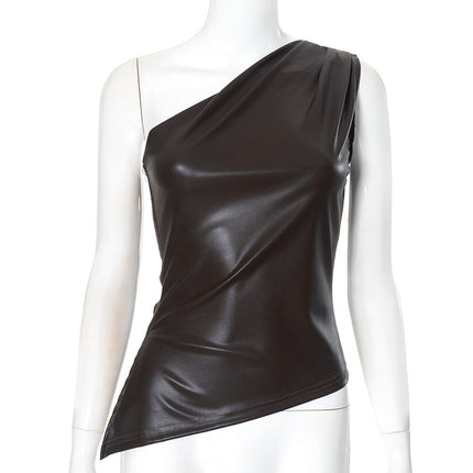 2024 autumn new fashion temperament slant shoulder irregular tight figure leather pleated vest T-shirt top