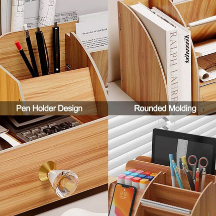 Wooden Office Desk Information Rack Stationery Filing Rack File Rack with Drawer Storage Box Desktop Creative Storage Box