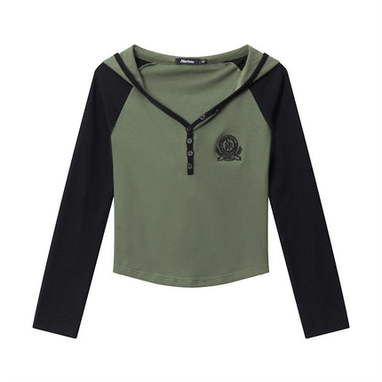 Heyhenry 2025 European and American Cotton Thread Embroidered Color-Block Hooded Crop Top Long-Sleeve T-Shirt for Women