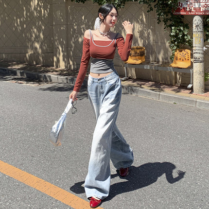 Street wash rundown wind light color scratch retro ground white wide leg jeans women 2025 new mop pants