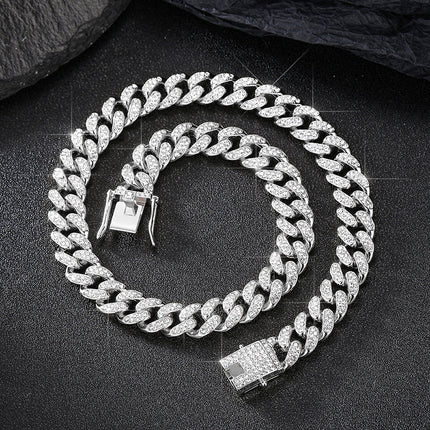 European and American Hot-selling Alloy Diamond-encrusted Cuban Chain Safety Buckle Head Street Daily Wear Jewelry Personalized Hip-hop Necklace