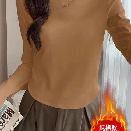 Cross-Border Amazon Fleece-Lined Thickened Base Shirt for Women, Long-Sleeve Top with Regular Shoulders, Slimming, 2025 Autumn and Winter Half-High Collar