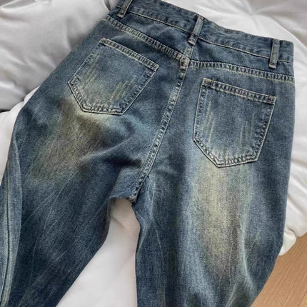 Vintage Distressed High-Waisted Flared Jeans for Petite Women, Loose Straight-Leg Slimming Wide-Leg Floor-Length Pants