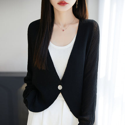 Sun Protection Cardigan Lyocell Linen V Neck Cut Out Bat Sleeves with One Button Knitted Jacket Women's Air-Conditioned Blouse