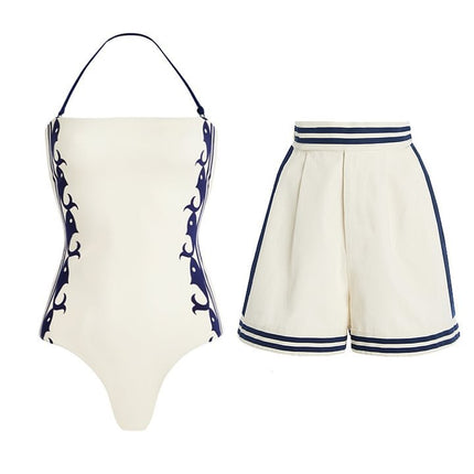 2025 Europe and the United States new navy style striped printed neck one-piece split swimsuit shorts suit women's cross-border explosions